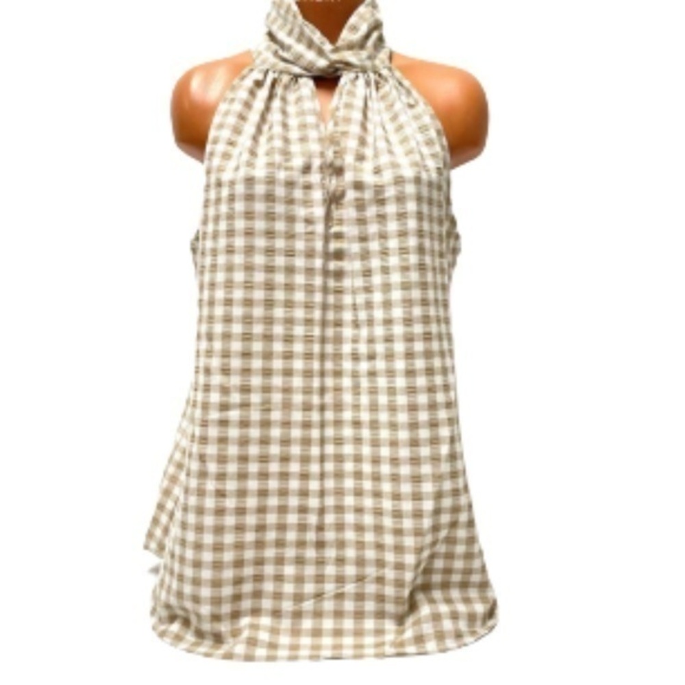 Anne Klein white/Latte checkered gingham sleeveless halter top NWT size L